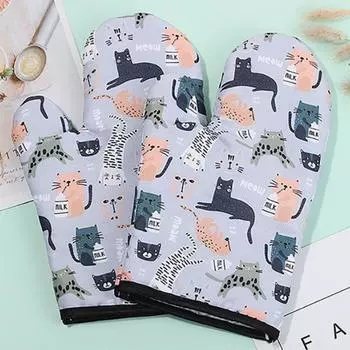 Пара теплоизоляционных перчаток для духовки, микроволновой печи, перчатки для выпечки, толстые, противоскользящие, с защитой от ожогов, варежки для пароварки, кухонные принадлежности с рисунком кошки