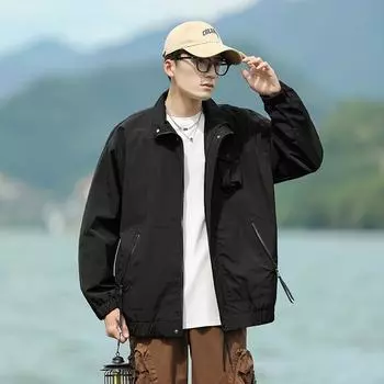 Пара весна и осень японский однотонный свободный воротник-стойка тренд повседневный универсальный многокарманный американский уличный пиджак M чёрный