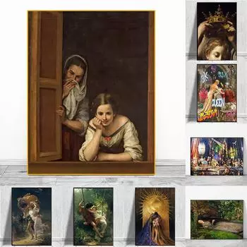 Пара Западная живопись маслом Плакаты и принты Забавный портрет Холст Настенное искусство Ретро Главная Декоративная живопись Комната Cuadros 21*30cm No Frame