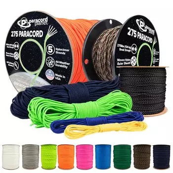 PARACORD PLANET Tactical 5 Strands Nylon Core Прочность на разрыв Paracord Веревка Диаметр Черный 124.7 кг (275 фунтов) 2.38мм (3/32 ) (Черный 30,5 см/100 футов) чёрный