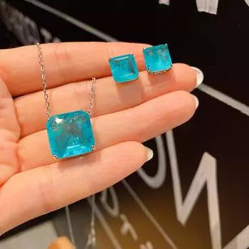 Paraiba Blu-ray, квадратные серьги-гвоздики с подвеской, простой женский стиль