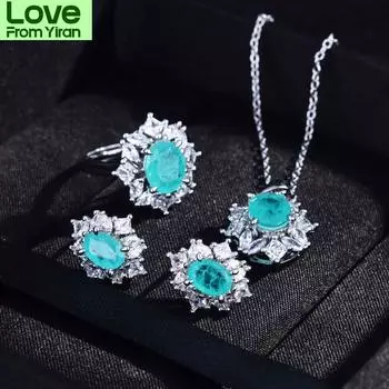 Параиба Турмалин Драгоценный Камень Ослепительный Комплект Ювелирных Изделий Модные Серьги Обручальное Кольцо Подвеска Ожерелье Комплект Из Стерлингового Серебра 925 Пробы Подарок 45cm серебряный