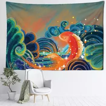 Парча Карп Картина Маслом Гобелен Настенный Волна Искусство Пейзаж Богемный Абстрактная Психоделическая Эстетика Комната Домашний Декор 95x70CM