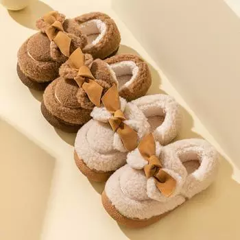 Parent-child cotton shoes winter women Korean version fashion cute bow home indoor and outdoor wear warm plush cotton slippers 36-37 (suitable for 35-36) бежевый