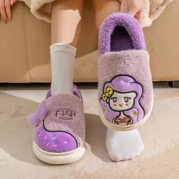 Parent-child cotton shoes Winter women s confinement warm piled indoor couple cotton slippers bag and non-slip household fluffy shoes 36-37 (suitable for sizes 35-36)
