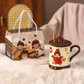 Parent child Time Girls Mug with Lid Ceramic Cup To Send Girlfriend Couple Cup Water Cup Home Drinking Water Office 401-500ml