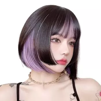 Парик AISI HAIR с черными волосами, внутренняя фиолетовая стрижка принцессы, короткий прямой женский полный парик, модный, для маленького лица, повседневный, термостойкий, для косплея в стиле Харадзюку