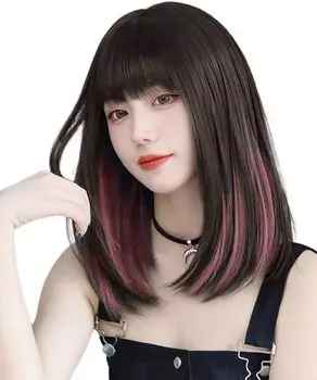 Парик AISIQUEENS, средний, черный, внутренний цвет, розовый, прямой, полный, парик, женский, для переодевания, парик с широкой челкой, смешанный цвет, эффект маленького лица, Amazon