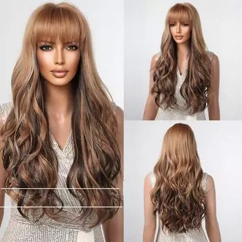 Парик Длинный цвет Натуральный и парик Пушистые парики на всю голову Длинные вьющиеся волосы Челка Популярные 66cm