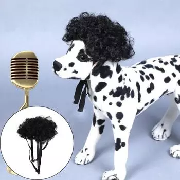 Парик для домашних животных, шапка с вьющимися черными волосами, мягкий легкий ремешок на шнуровке, противоскользящий костюм, реквизит для косплея, аксессуары для головы собаки чёрный