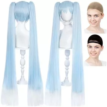 Парик для косплея CaseEden Snow Miku Snow Hatsune SNOW MIKU Hatsune Miku Длинные два хвоста с Vance Light Blue White Gradient Color White Mercier Wig Net