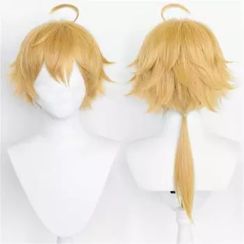 Парик для косплея Game Genshin Impact Thoma, объемный, пушистый, золотистый, термостойкий, синтетический, парики + шапочка для парика + рога One Size