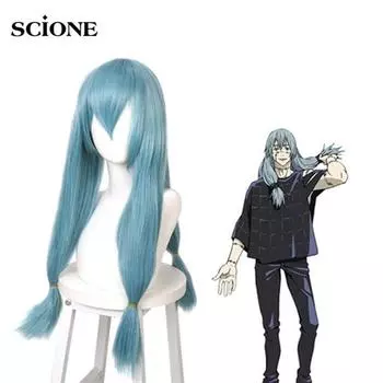 Парик для косплея Jujutsu Kaisen Mahito, синие термостойкие синтетические волосы, двойная коса, костюм, реквизит для парика синий