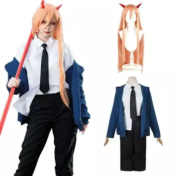 Парик для косплея Power, в комплекте костюм Blue Blood Devil для взрослых, костюм для культурного фестиваля, сценическая одежда, синий парик [Kamizu Ryohin] (Питание включено,