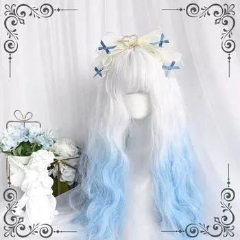 Парик для косплея Синтетические длинные волнистые белые светло-голубые красочные парики Лолиты с челкой Хэллоуин Ежедневные парики Термостойкие