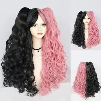 Парик для косплея Синтетический длинный цветной вьющийся парик для косплея Лолиты для девочек с двойными хвостиками и 1 шапочкой для парика 24inches прохладный черный