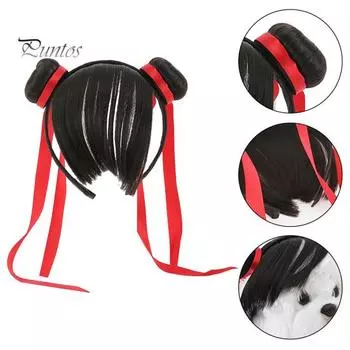 Парик для собаки Обрезаемая повязка на голову Стиль украшения для домашних животных с красной лентой Простота в использовании Забавный забавный моющийся аксессуар для костюма ручной работы для владельцев собак Маленький чёрный