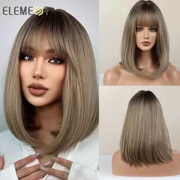 Парик для женщин, черные корни, омбре, блондинка, коричневые парики с челкой, боб, средние короткие прямые женские синтетические волосы