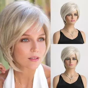 Парик для женщин Синтетический короткий парик с челкой Серые белые волосы Ежедневные парики для вечеринок Высокотемпературное волокно Термостойкие волосы античный белый