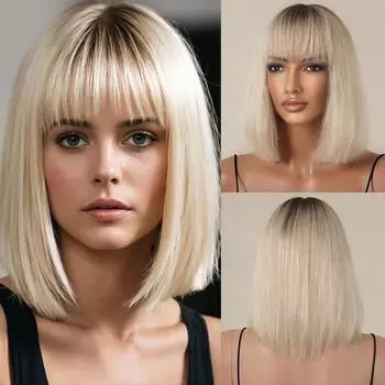 Парик HAIRCUBE Ombre Blonde Bob из натуральных волос для женщин, прямые, короткие, машинной работы, с челкой, натуральный, 10-дюймовый, для ежедневного использования