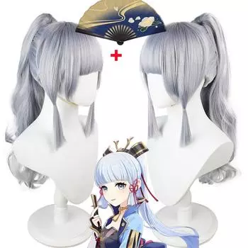 Парик и вентилятор Genshin Impact Ayaka, парик для косплея, серебристый, средней длины, термостойкий, предварительно стилизованный, аксессуары для костюмов на Хэллоуин в стиле аниме Only Wig