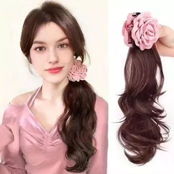 Парик из хвоста с розовой розой и завитым боком. Конский хвост - естественная милая и невидимая коса для парика.