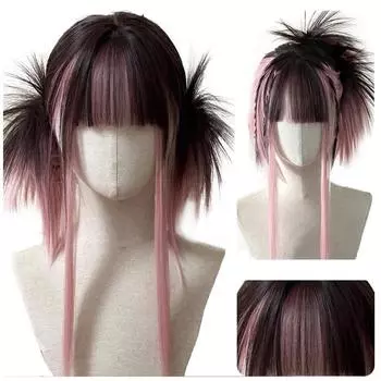 Парик из искусственного волоса Tiger s Mouth с двойным хвостиком, женский, в стиле Эбби, в стиле Лолиты, с прямой челкой, черными прядями, розовым париком для вечеринки в стиле косплея 50cm