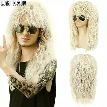 Парик из синтетических черных волнистых волос MERISIHAIR, идеально подходящий для костюмированной вечеринки, костюм для вечеринки, вьющийся парик в стиле рок для мужчин 35cm