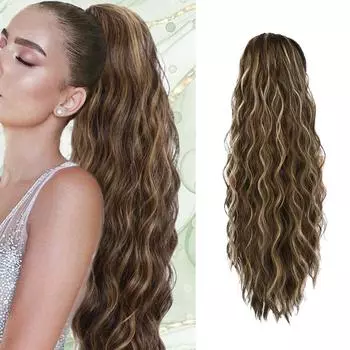 Парик из синтетических волос Bybrana Drawstring, черный, коричневый, с волнистым хвостом