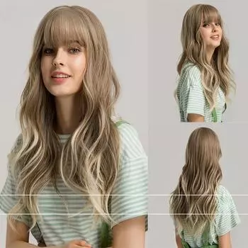 Парик из синтетического волокна в европейском и американском стиле с прямой челкой, женские длинные волнистые парики с кружевом спереди, устойчивые к воздействию тепла, серо-коричневые