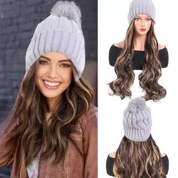 Парик из синтетической шляпы Синтетические длинные волнистые парики с беретом, вязаная модная синяя осенне-зимняя шапка, парик для наращивания волос