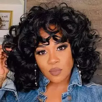 Парик из вьющихся волос Легко носить Температурный шелк Полезная косметика Пушистый модный аксессуар Высокая длинная челка Вьющиеся волосы чёрный