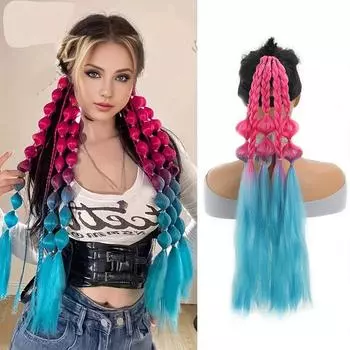 Парик «конский хвост» с цветными косичками-пузырями и термостойким синтетическим волокном «конский хвост» для женщин. Легко носить для вечеринок и встреч.