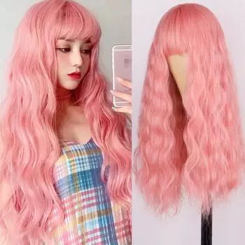 Парик MERISIHAIR с глубокими волнами, розовый парик, парик из синтетических волос с челкой, женский парик, термостойкий парик 24 дюйма, косплей