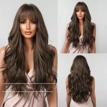 Парик Пушистые парики на всю голову Цвет натуральных волос и челка Длинные вьющиеся волосы Популярный длинный парик 66cm