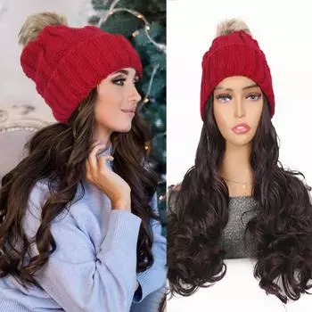 Парик Red Hat для женщин вязаный теплый волнистый вьющийся длинный парик шляпы синтетические натуральные искусственные волосы