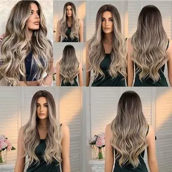 Парик с большой волной Женский Коричневый Длинные вьющиеся волосы Парик со средним градиентом Мода Полная голова 60cm