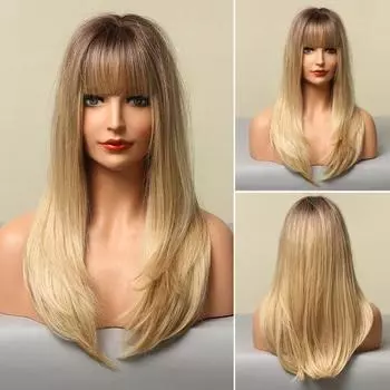 Парик с частичной челкой, универсальный, гладкий, легкий, частично разделенная челка, коричневый, градиентный, блонд, парик для дома