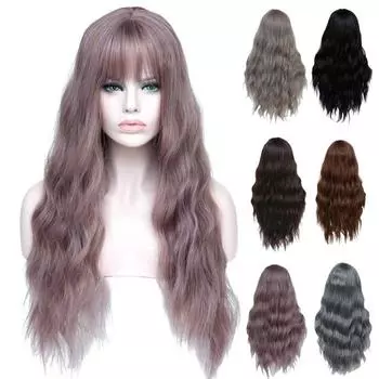 Парик с челкой, длинные вьющиеся волосы для косплея, высокая температура для вечеринки