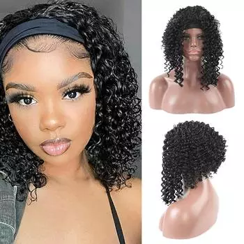 Парик с повязкой на голову, вьющиеся парики с повязкой на голову для женщин, синтетические волосы, глубокая волна, парик с повязкой на голову, полупарики, бесклеевой короткий вьющийся парик с повязкой на голову, натуральный черный, 12 дюймов