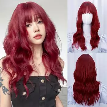 Парик с волнистой челкой красного цвета, 22-дюймовое волокно, синтетические термостойкие волосы с глубокими волнами, натуральные волосы для вечеринок или селфи, корейская мода 22inches темно-красного
