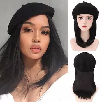 Парик-шляпа, женский парик, парик-берет, короткие прямые волосы, черный берет, наращивание парика, шляпа, прямые наращивание волос из химического волокна