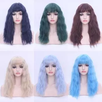 Парик Водная рябь Парик Многоцветный Смешанный Цвет Длинные Вьющиеся Волосы, Слегка Завитые Большие Волосы Воздушные Челки