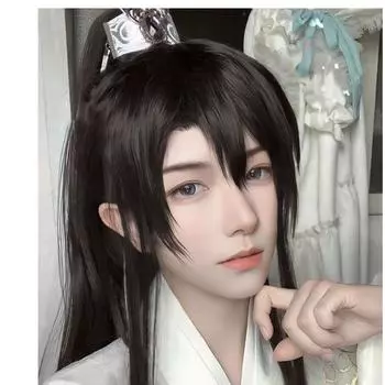 Парик в древнем стиле для мужчин и женщин, древний костюм ханьфу кос длинные прямые волосы One size чёрный