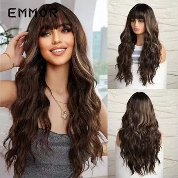 Парик в европейском и американском стиле с кружевом спереди, термостойкий, с мелированием, длинные волнистые локоны коричневого цвета с прямой челкой