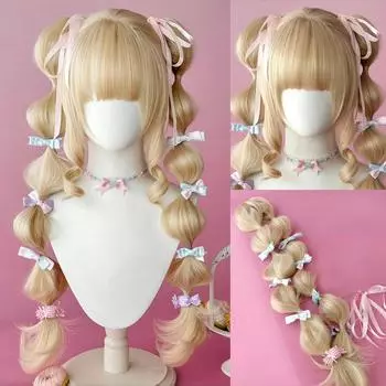 Парик WTB Synthetic Lolita, длинный, золотистый, с заколкой в виде тигровой пасти, с двойным хвостиком, прямой, с челкой, для рождественской вечеринки 60cm