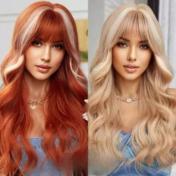 Парик Женский Длинные Волосы Вьющиеся Волосы Двухцветный Дополнительный Ци Челка Большие Волны Модные Мелирования Стиль Целые Волосы Покрытие Парики 1#
