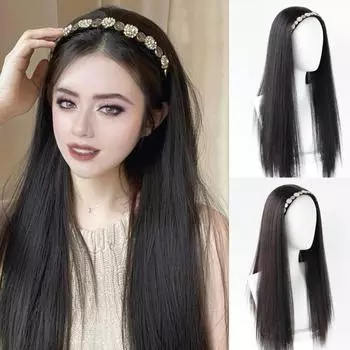 Парик Женский длинный парик с повязкой на волосы Цельный длинный прямой волос U-образный на половину головы Натуральный цельный парик из искусственных волос