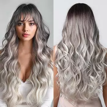Парик женский в европейском и американском стиле с естественно выглядящими волосами и воздушной челкой, длинные волнистые парики с градиентным серым оттенком