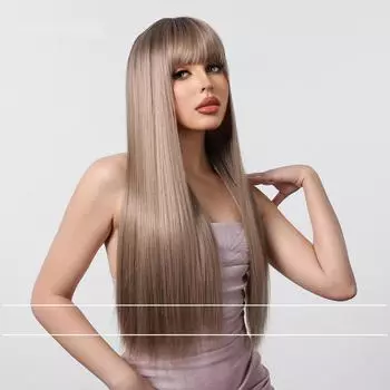 Парик женский в европейском и американском стиле с кружевом спереди, термостойкий, с прямой челкой, элегантный, прямой, длинный, цвета шампанского